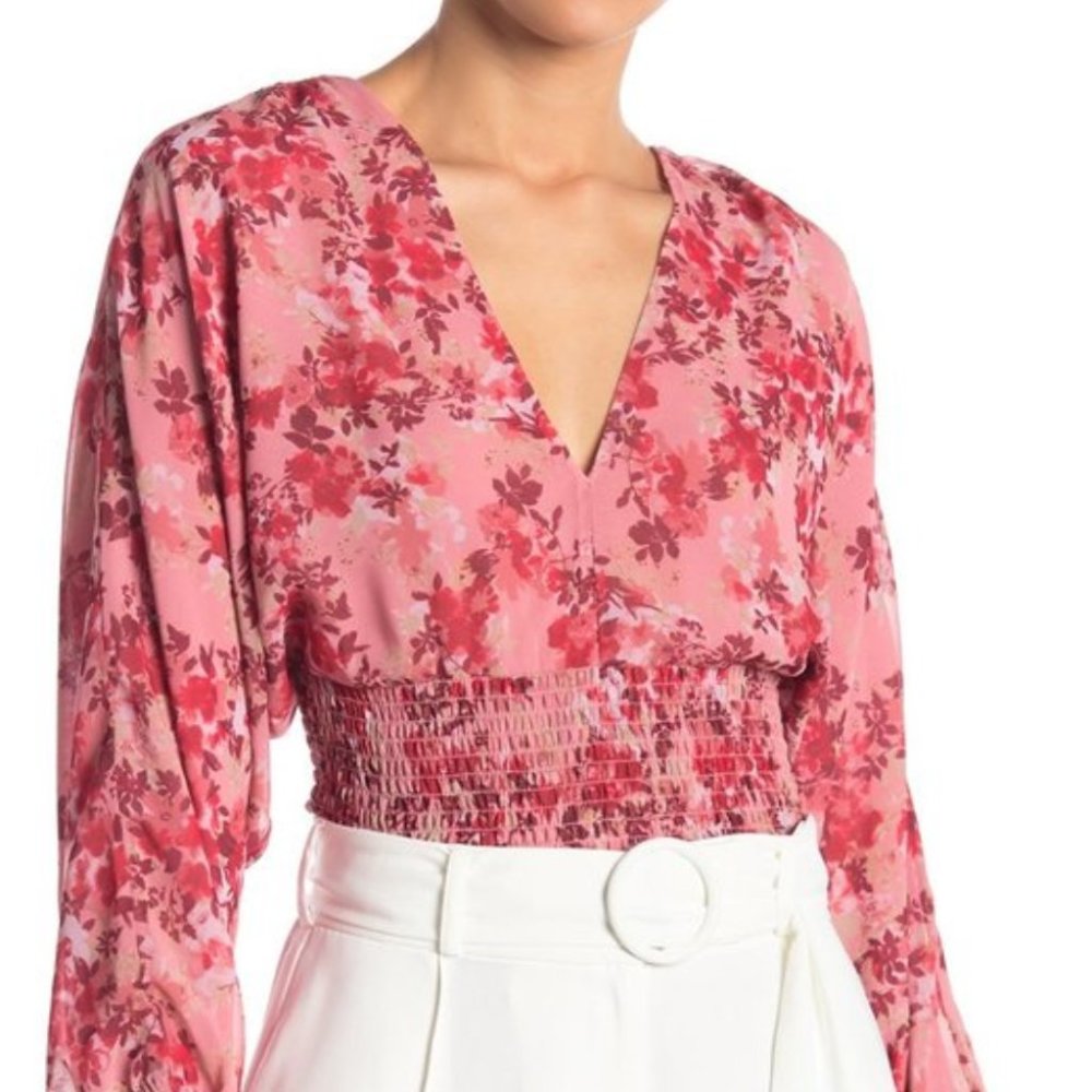 WAYF Pink Floral Smocked Waist Top Large